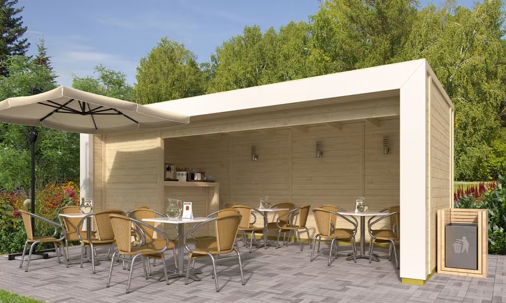 Poolhaus LA BAULE mit Bar – 19,50 m² – Weiße Arkade 650×300 cm 28mm