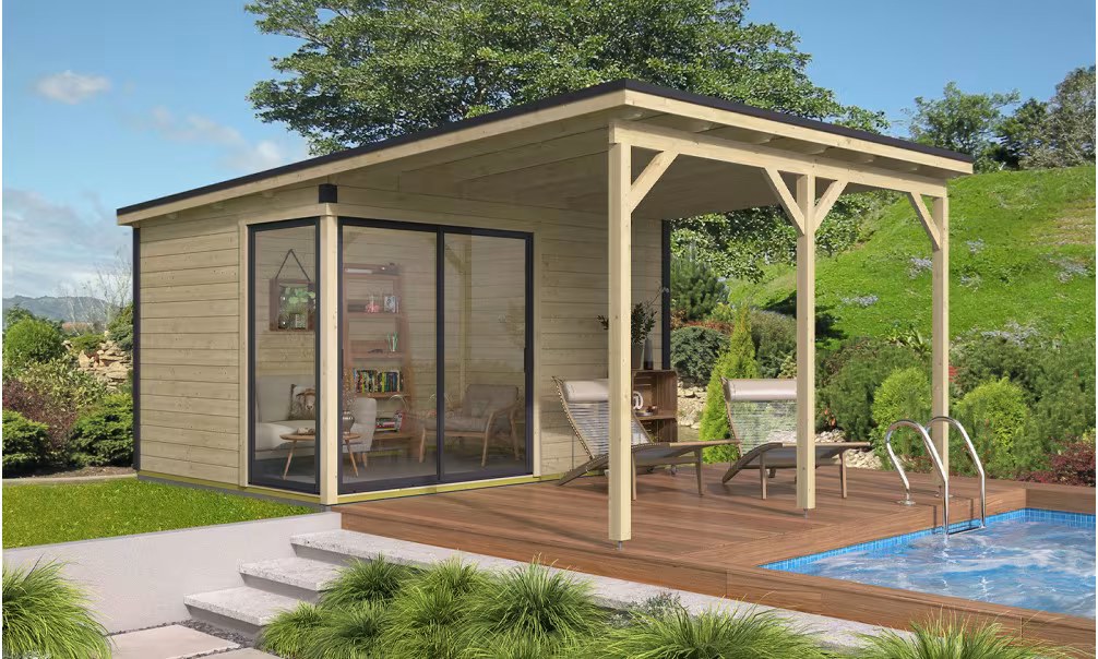 Poolhaus Baléo 2 + Anbau A2 Bohlen 28/44mm – 11,02 m² Innenraum