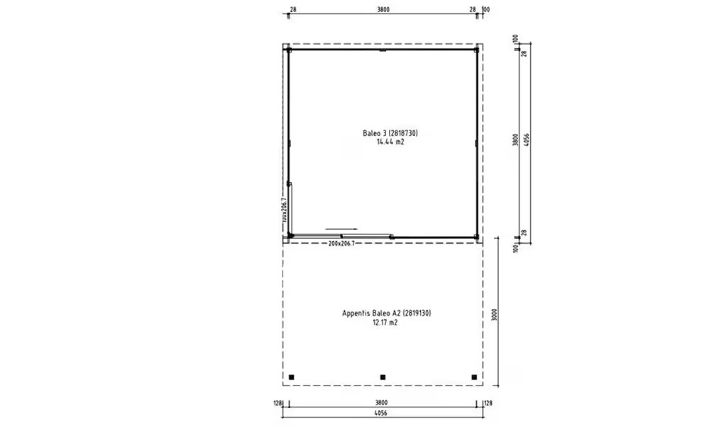 Poolhaus FLACHDACH Baléo 3 + Anbau A2 Bohlen 28/44mm – 14,44 m² Innenraum – Bild 2