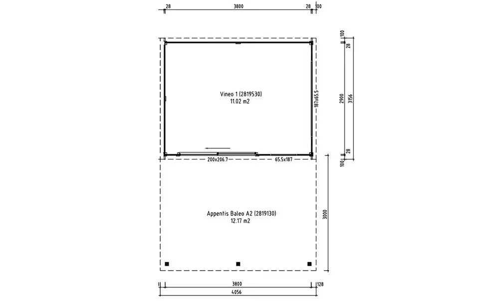 Gartenhaus Vinéo 1 + Vordach A2 Bohlen 28/44mm – 11,02 m² Innenraum – Bild 2