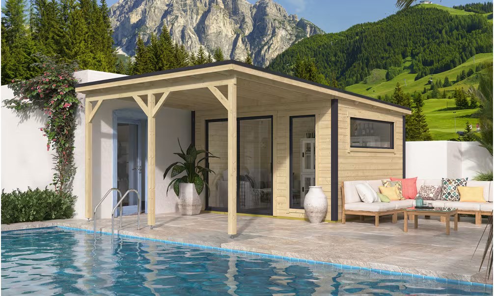 Gartenhaus Vinéo 1 + Vordach A2 Bohlen 28/44mm – 11,02 m² Innenraum