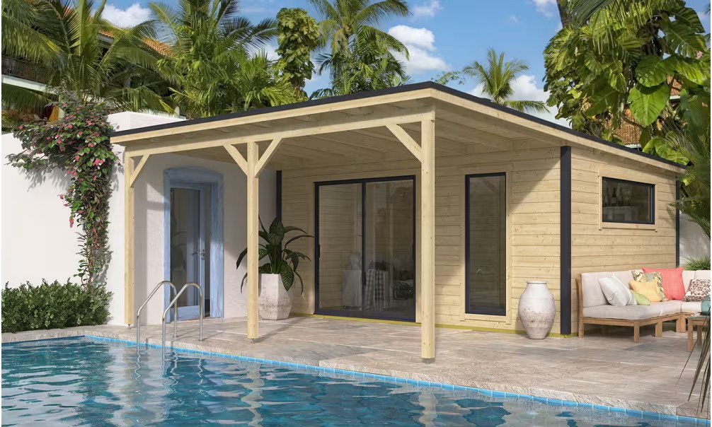 Holz-Poolhaus Vinéo 4 + Vordach A5 Bohlen 28/44mm – 19 m² Innenraum