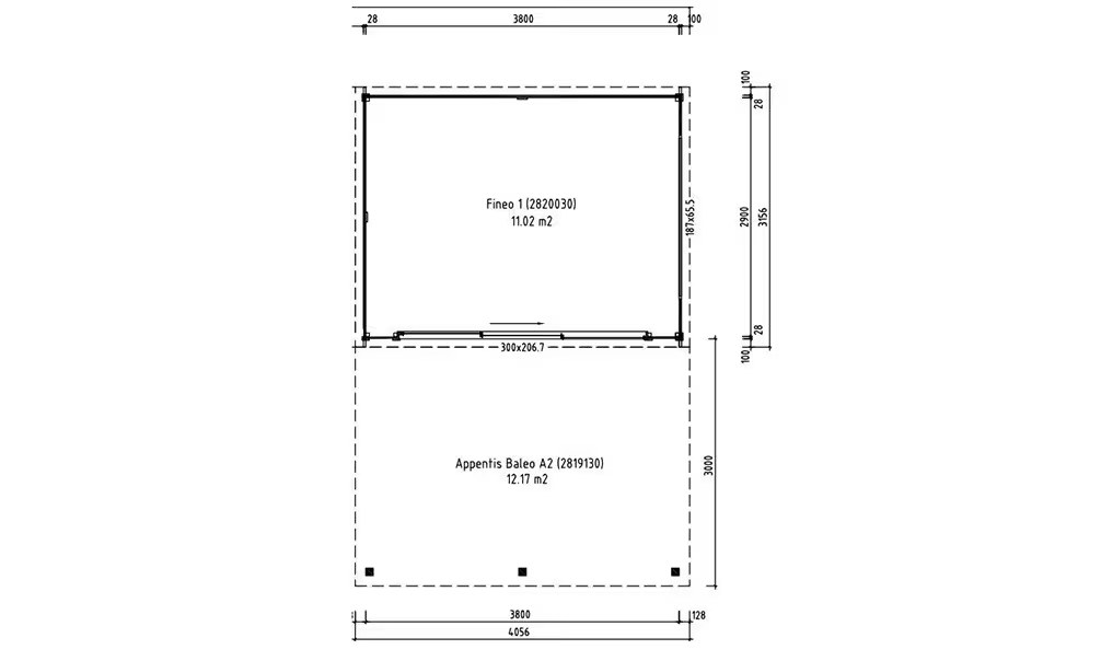 Gartenhaus Finéo 1 + Vordach A2 Bohlen 28/44mm – 11,02 m² Innenraum – Bild 2