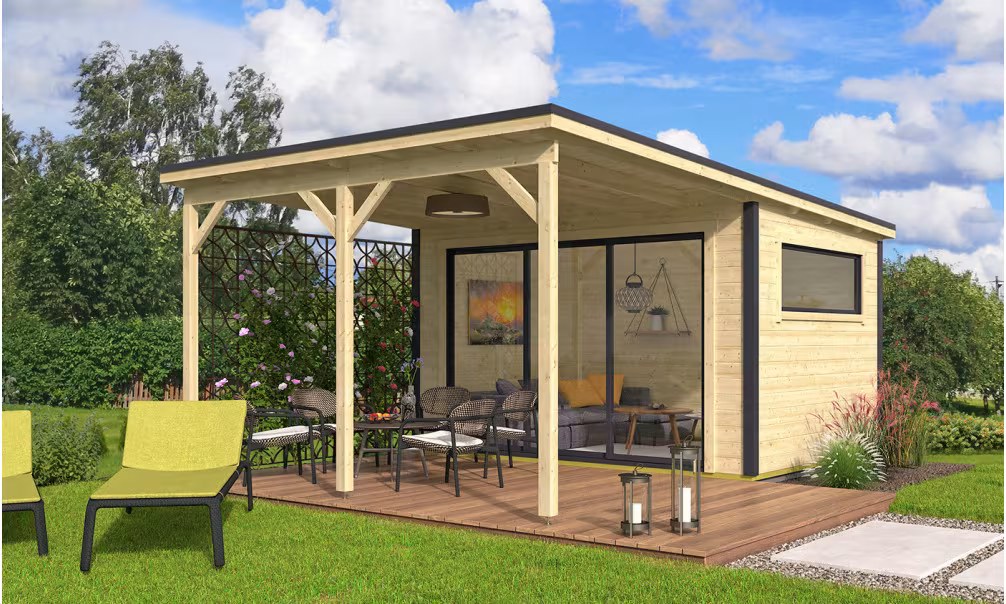 Gartenhaus Finéo 1 + Vordach A2 Bohlen 28/44mm – 11,02 m² Innenraum