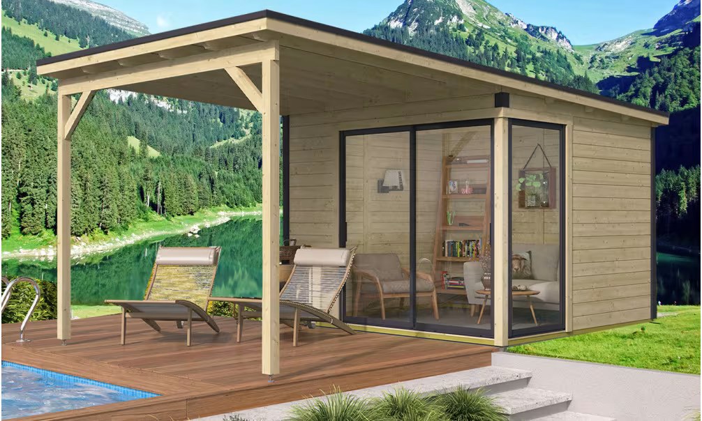 Poolhaus FLACHDACH Baléo 3 + Anbau A2 Bohlen 28/44mm – 14,44 m² Innenraum
