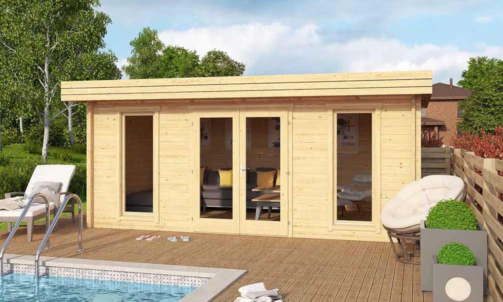 Gartenhaus CANNES A – 44mm – 16,8m² Innenraum 519×339 cm