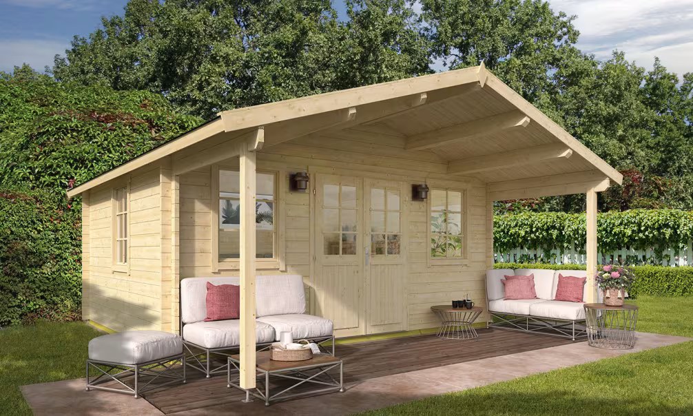 Gartenhaus Vichy 44mm – 18,1m² Innenraum + 9,2m² 485×390 cm