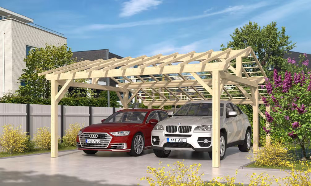 Doppelcarport Vincennes 30 – asymmetrisches Satteldach – 35.75 m² nicht überdacht
