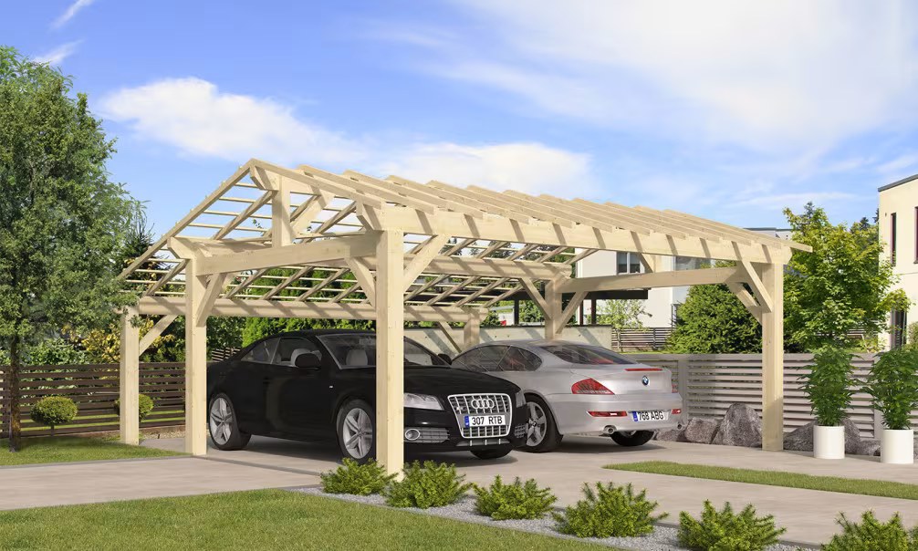 Doppelcarport Vincennes 36 – asymmetrisches Satteldach – 42.25 m² nicht überdacht