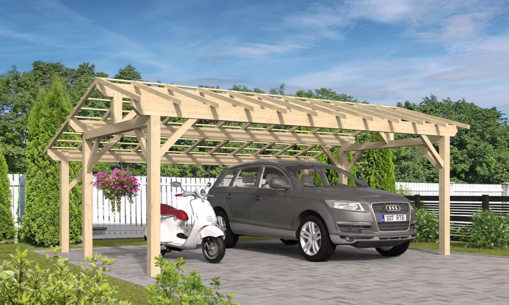Doppelcarport Vincennes 27 – asymmetrisches Satteldach – 32.5 m² nicht überdacht