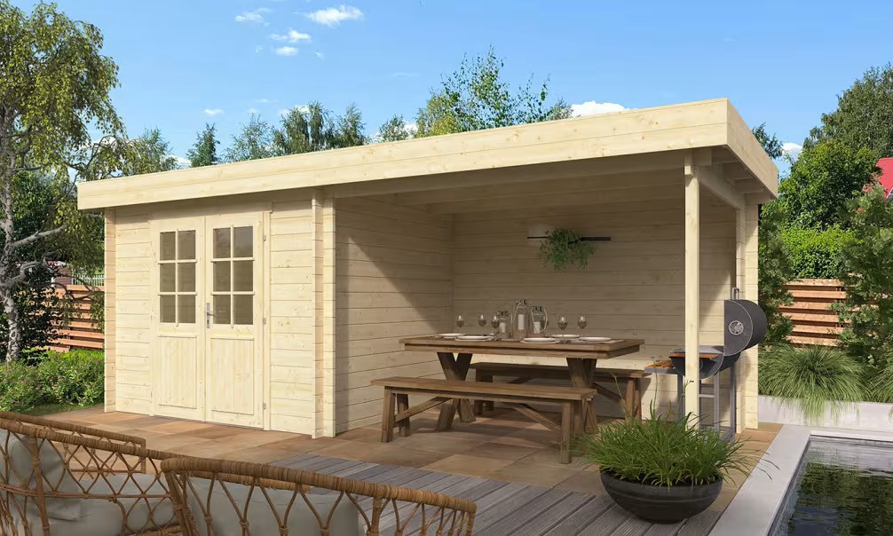 Gartenhaus Scandola 34mm – 5,73m² Innenraum + Vordach 6,46m² 578×21 cm
