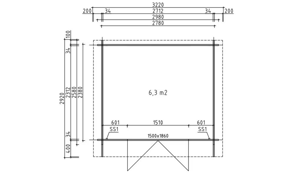 Holzgartenhaus Violette 7 Stärke 34 mm – 6.30m² Innenraum, Satteldach – Bild 2