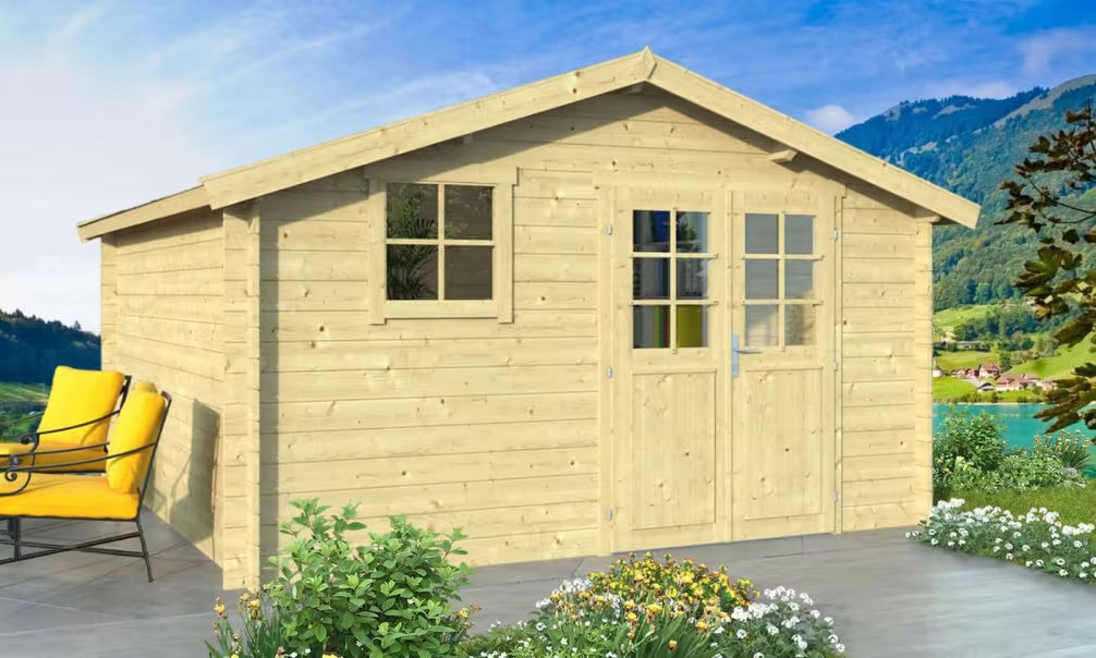 Holzgartenhaus VIOLETTE 15 34 mm – 13.80 m² Innenraum 378×378 cm 34mm…