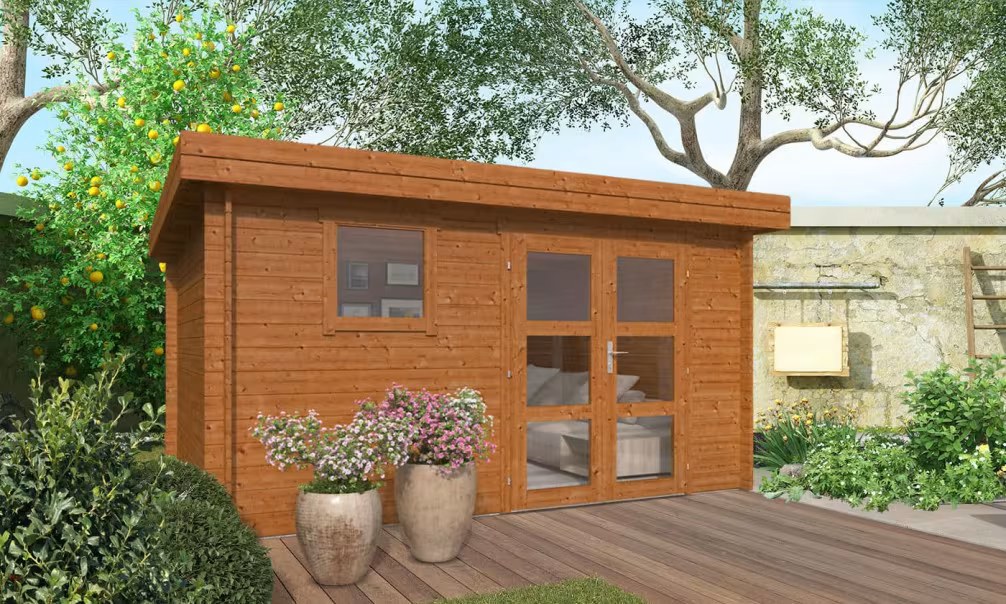 Gartenhaus LYON 15 34 mm kesseldruckimprägniert – 13.78 m² Innenraum 378×378 cm