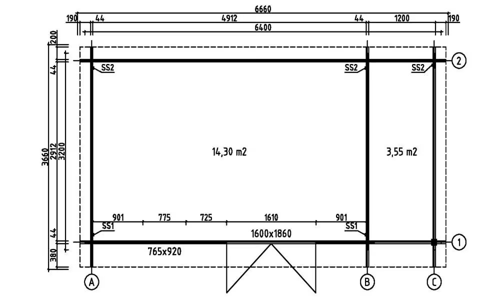 Holzgartenhaus Portland Bohlen 44mm – 14.30m² Innenraum + Vordach – Bild 2