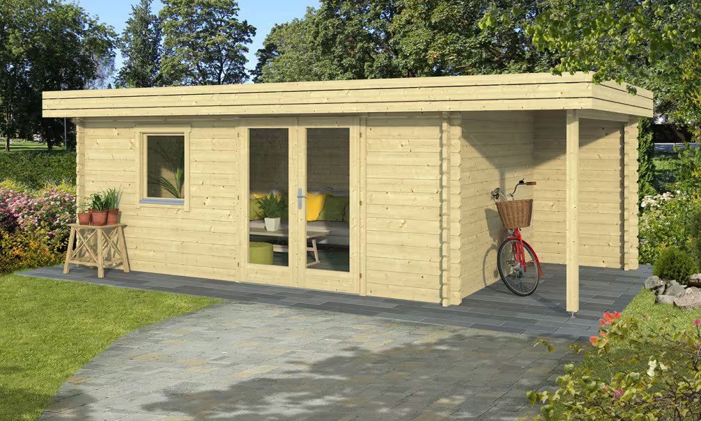 Holzgartenhaus Portland Bohlen 44mm - 14.30m² Innenraum + Vordach