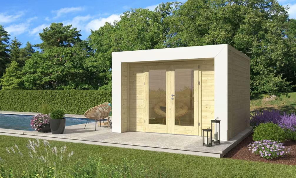 Holz-Poolhaus Hossegor 9 – 44 mm – 7.15m² Innenraum – Weißer Bogen