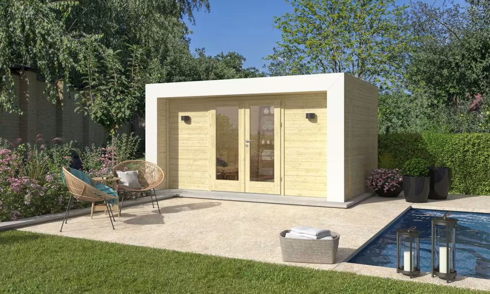 Holz-Poolhaus Hossegor 10 – 44 mm – 7.72m² Innenraum – Weißer Bogen