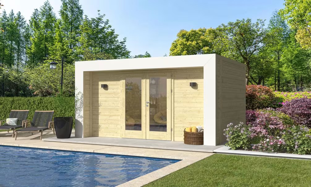 Holz-Poolhaus Hossegor 12 – 44 mm – 9.65m² Innenraum – Weißer Bogen