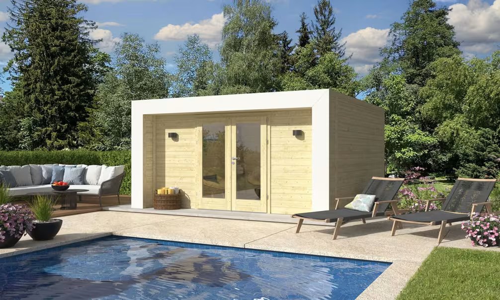 Holz-Poolhaus Hossegor 16 – 44 mm – 13.51m² Innenraum – Weißer Bogen