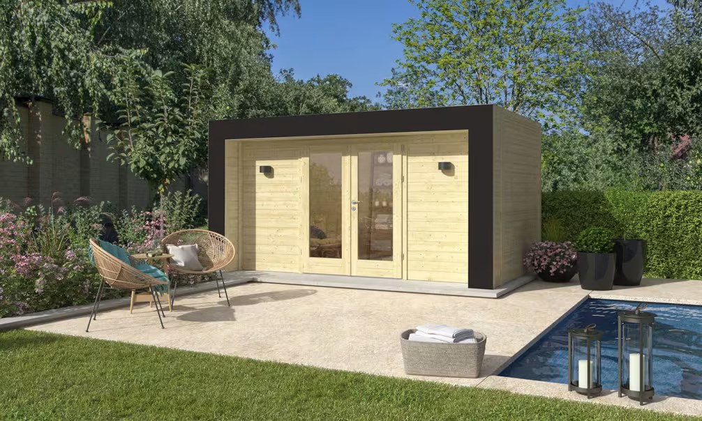 Holz-Poolhaus Hossegor 10 – 44 mm – 7.72m² Innenraum – Grauer Bogen