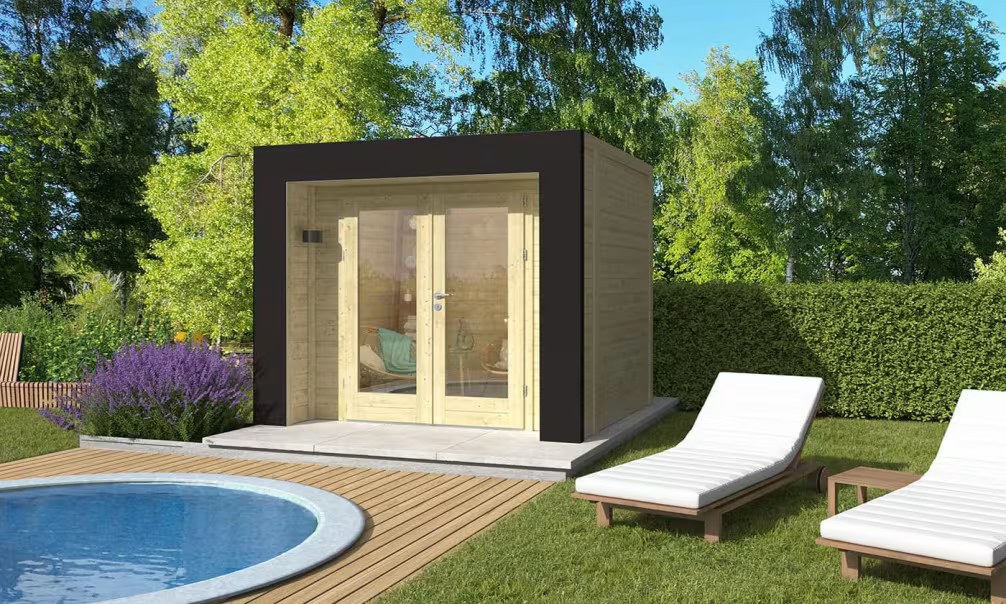 Holz-Poolhaus Hossegor 5 – 44 mm – 4.34m² Innenraum – Grauer Bogen 25…
