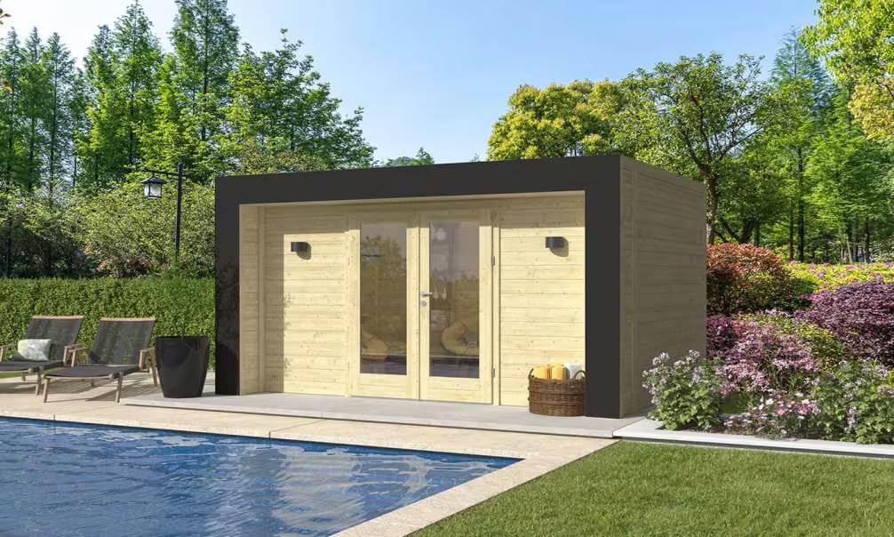 Holz-Poolhaus Hossegor 12 – 44 mm – 9.65m² Innenraum – Grauer Bogen