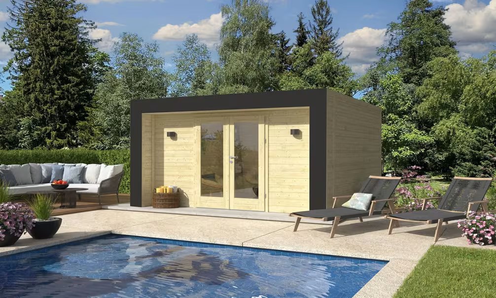 Holz-Poolhaus Hossegor 16 – 44 mm – 13.51m² Innenraum – Grauer Bogen