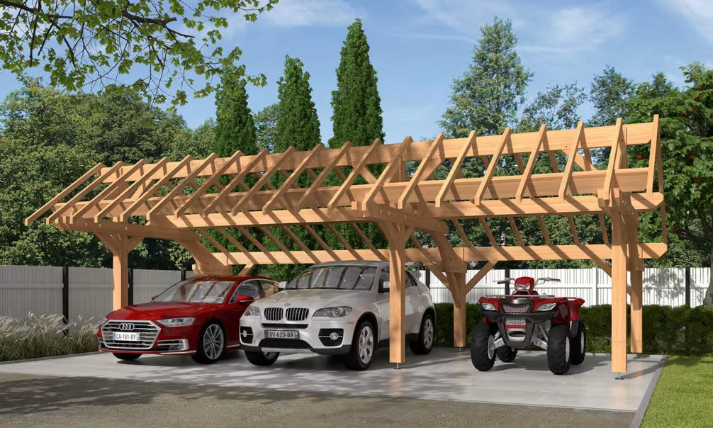 Holz-Carport 3 Fahrzeuge Pionsat Satteldach 9.48×5.41m Douglasie
