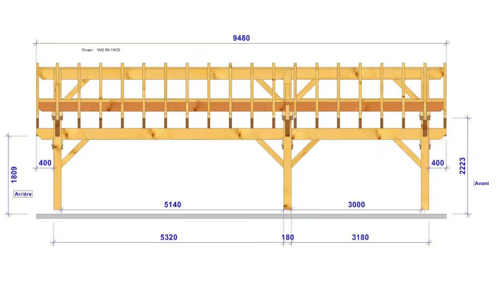 Holz-Carport 3 Fahrzeuge Pionsat Satteldach 9.48×5.41m Douglasie – Bild 4