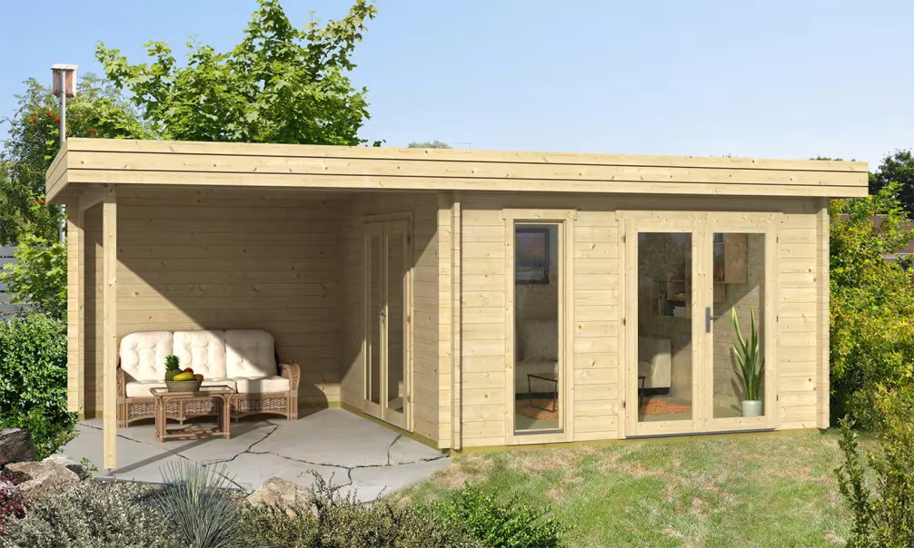 Holzgartenhaus RODEZ 44mm mit überdachter Terrasse – Flachdach – Bild 3