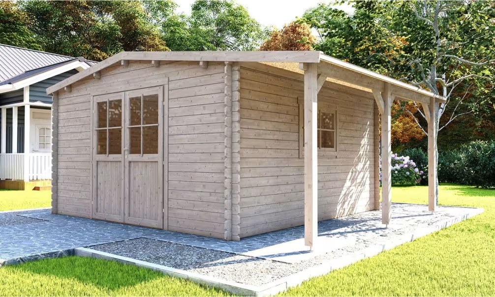 Rohbau-Gartenhaus Marmande 15 mit Anbau Stärke 28mm 471×370 cm