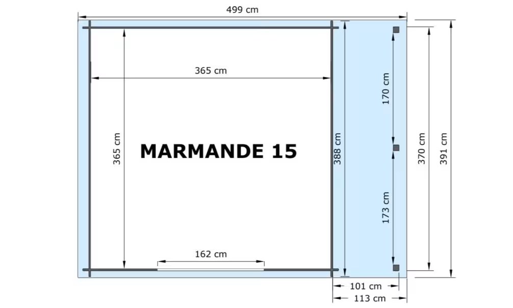 Rohbau-Gartenhaus Marmande 15 mit Anbau Stärke 28mm 471×370 cm – Bild 2