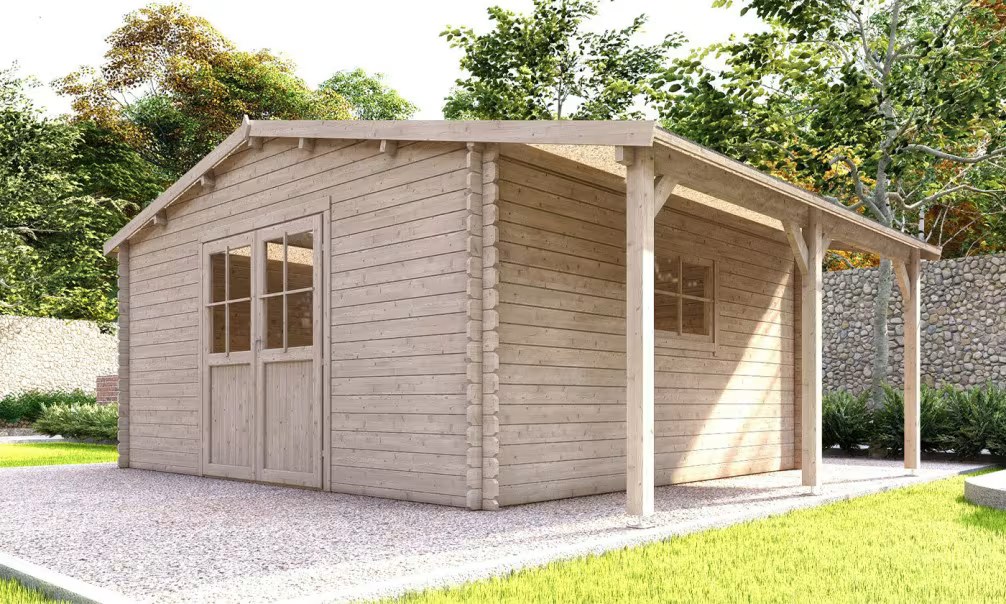 Rohbau-Gartenhaus Marmande 18 mit Anbau Stärke 28mm 536×382 cm