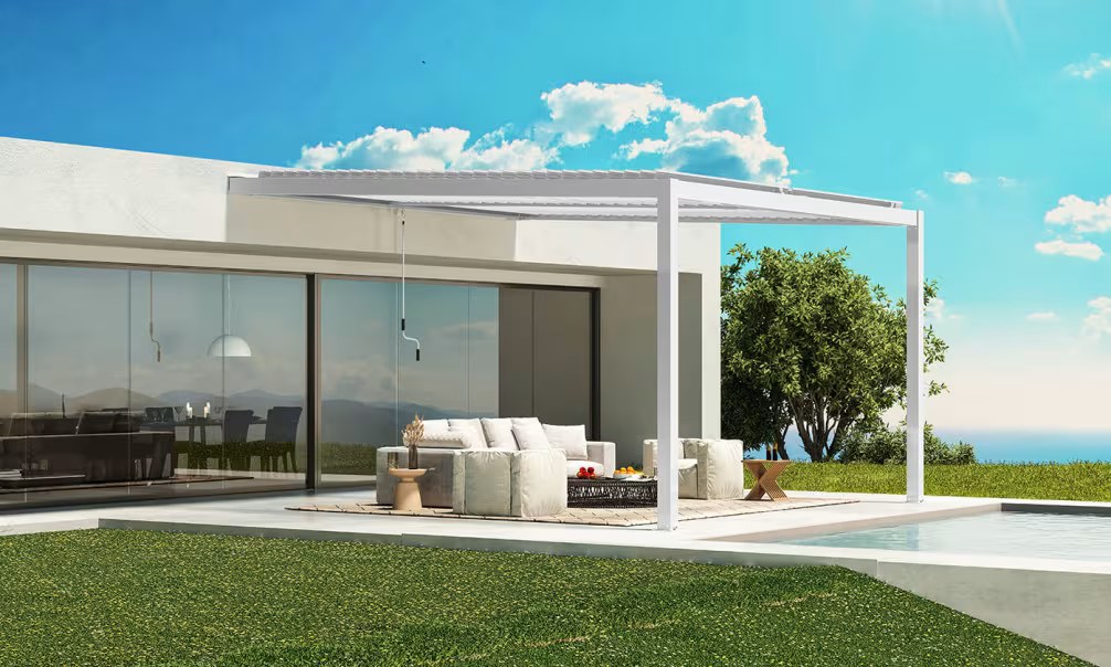 Manuelle bioklimatische Anlehn-Pergola Alu Chambord 4x3m 43B weiß – 12m² – Bild 2