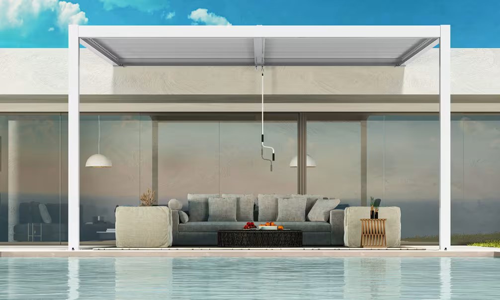 Manuelle bioklimatische Anlehn-Pergola Alu Chambord 4x3m 43B weiß – 12m² – Bild 3