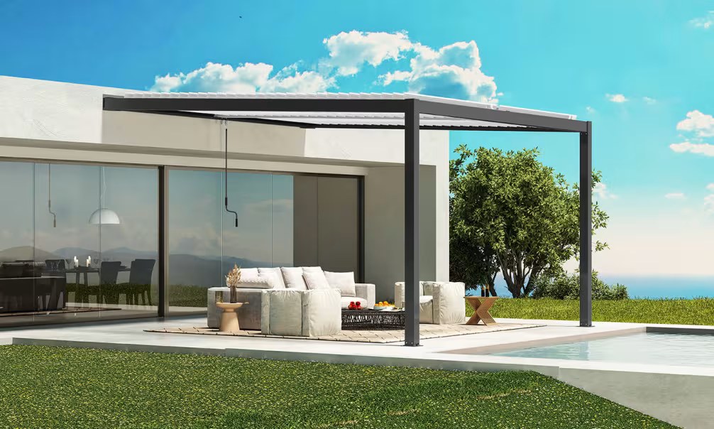 Manuelle bioklimatische Anlehn-Pergola Alu Chambord 4x3m 43NB Anthrazit – weiße Lamellen – 12m² – Bild 3