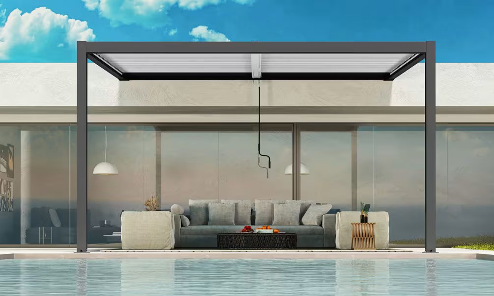 Manuelle bioklimatische Anlehn-Pergola Alu Chambord 4x3m 43NB Anthrazit – weiße Lamellen – 12m² – Bild 4