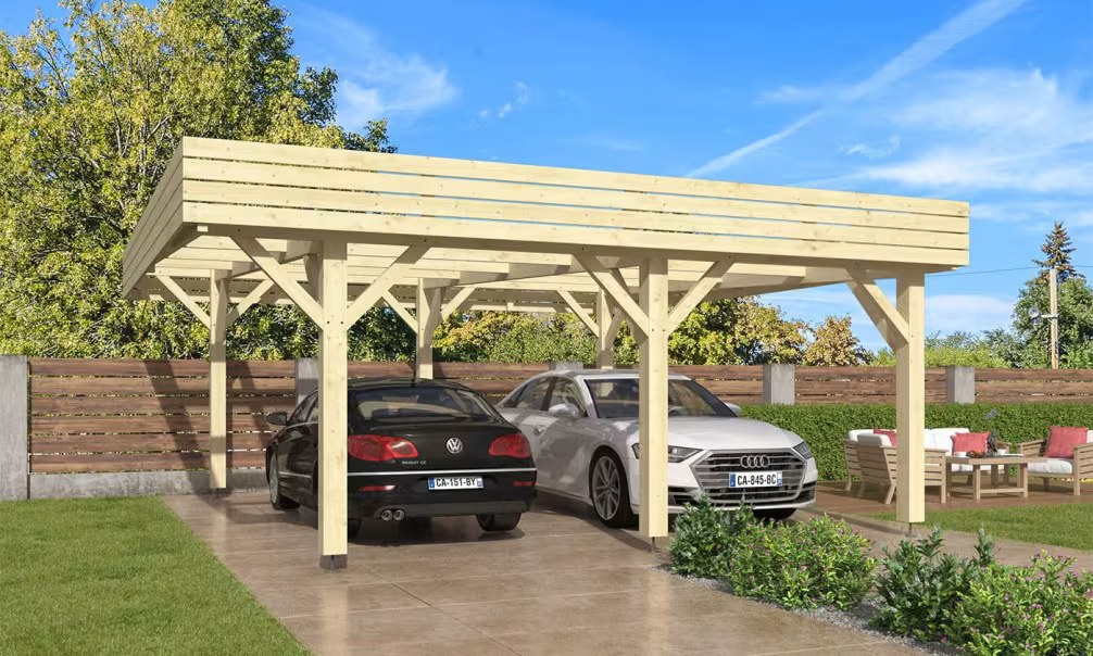 Doppelcarport Flachdach Iberis – Holzcarport als Bausatz Fichte