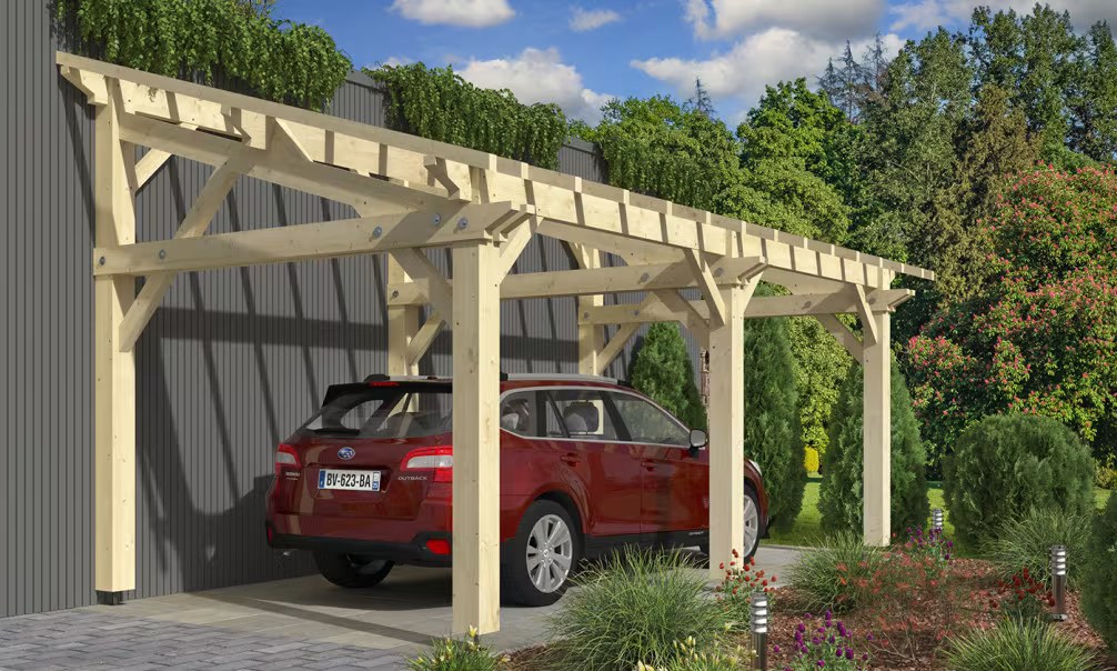Carport 1 Fahrzeug Pultdach Etlingera – Anlehn – Fichte