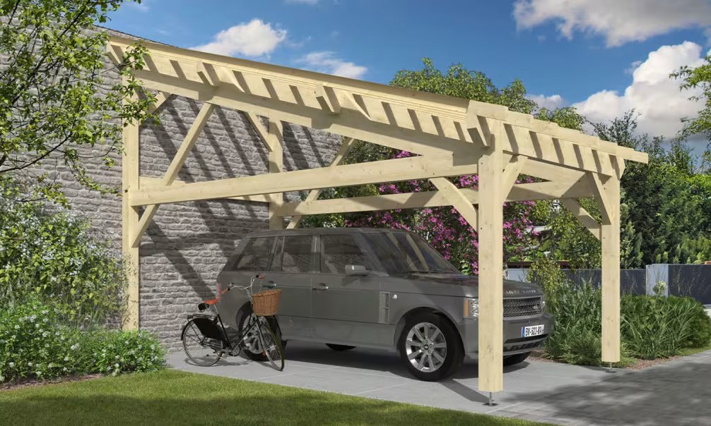 Carport 1 Fahrzeug Pultdach Weigela – Anlehn – Fichte