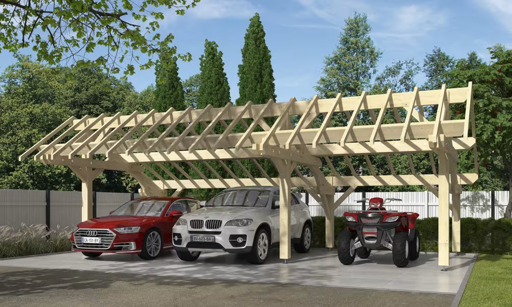 Holz-Carport 3 Fahrzeuge Pionsat Satteldach 9.48×5.41m Fichte