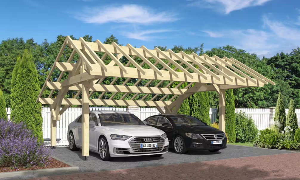 Holz-Carport 2 Fahrzeuge Rimat Satteldach 6.30×5.90m Fichte