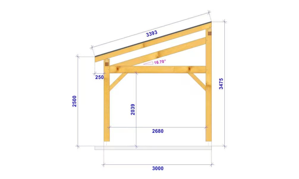 Freistehende Pergola Amsonia, Pultdach 1 Seite – 3.50×3.25m – Fichte – Bild 3