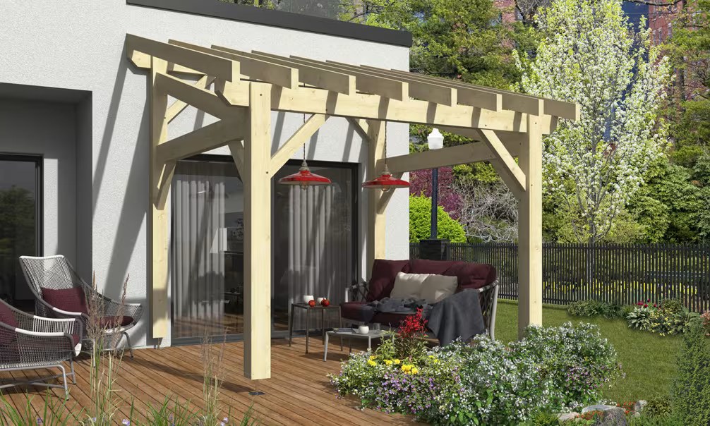 Freistehende Pergola Amsonia, Pultdach 1 Seite – 3.50×3.25m – Fichte