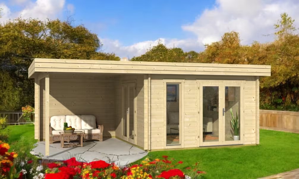 Holzgartenhaus RODEZ 44mm mit überdachter Terrasse - Flachdach