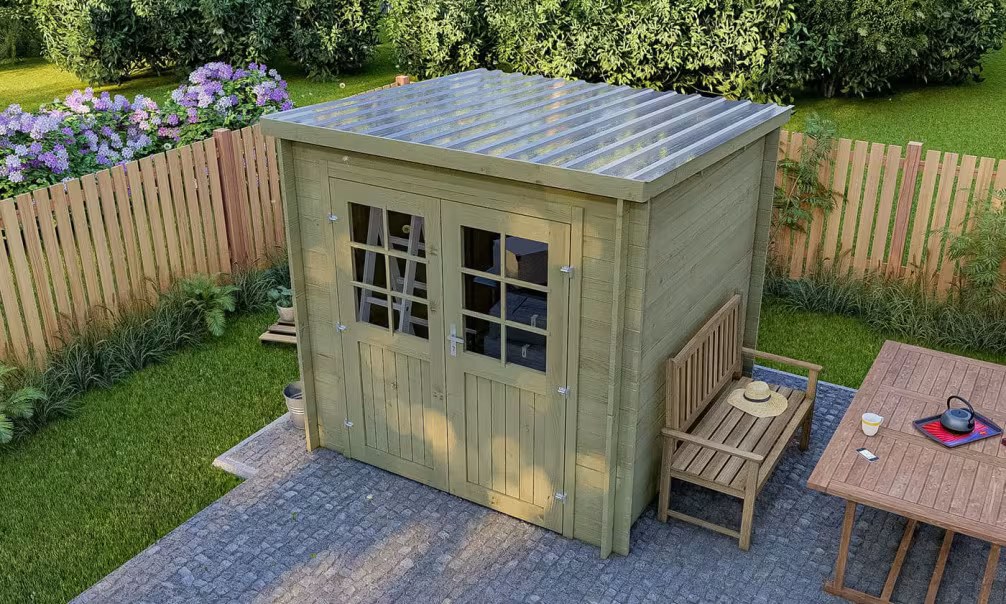 Gartenhaus druckimprägniert Megève 28mm – Stahldach – 4,26m² 212x…