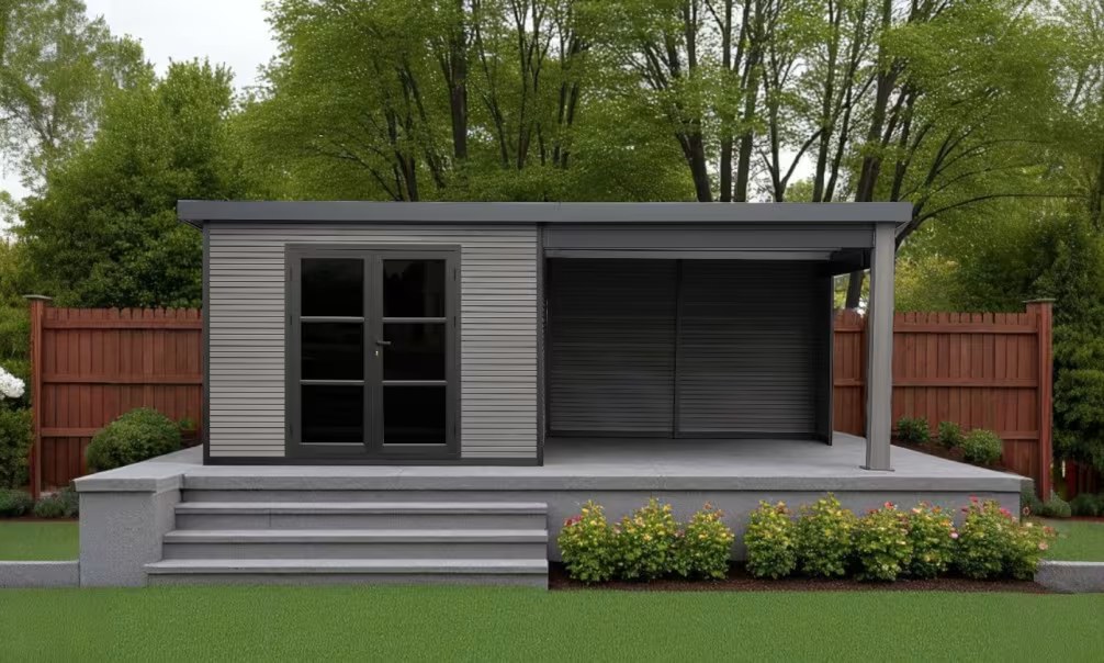 Komposit-Gartenhaus Rencurel mit Anbau rechts – Mausgrau – 5.83×2.90m, 16.91m2