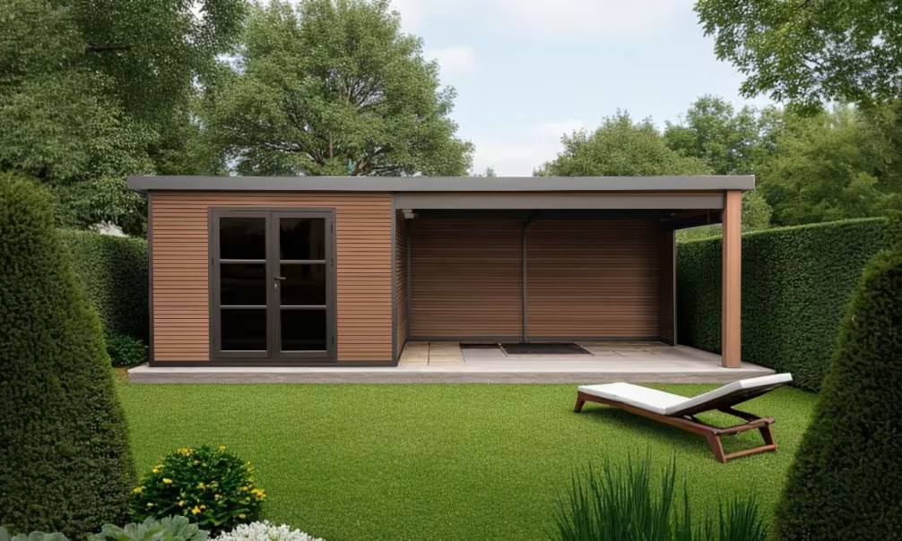 Komposit-Gartenhaus Meaudre mit umkehrbarem Anbau XL – Teak – 6.88×2.90m, 19.95m2