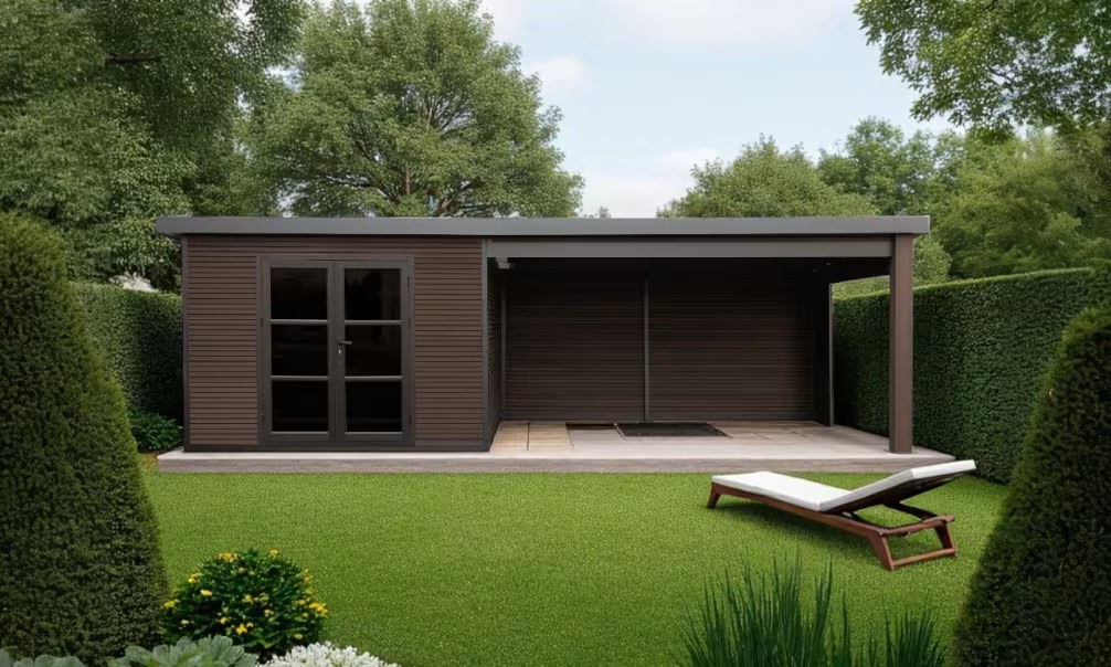 Komposit-Gartenhaus Meaudre mit umkehrbarem Anbau XL – Nussbaum – 6.88×2.90m, 19.95m2